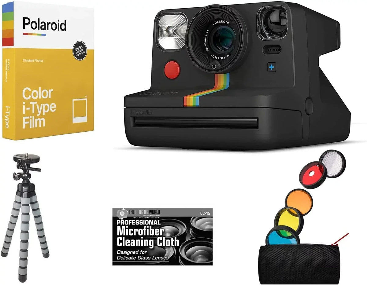 Bundle of Polaroid Now Plus Bluetooth Connected I-Type Instant Film Camera Black + Table Tripod + Pack of Film + Microfiber Cloth
