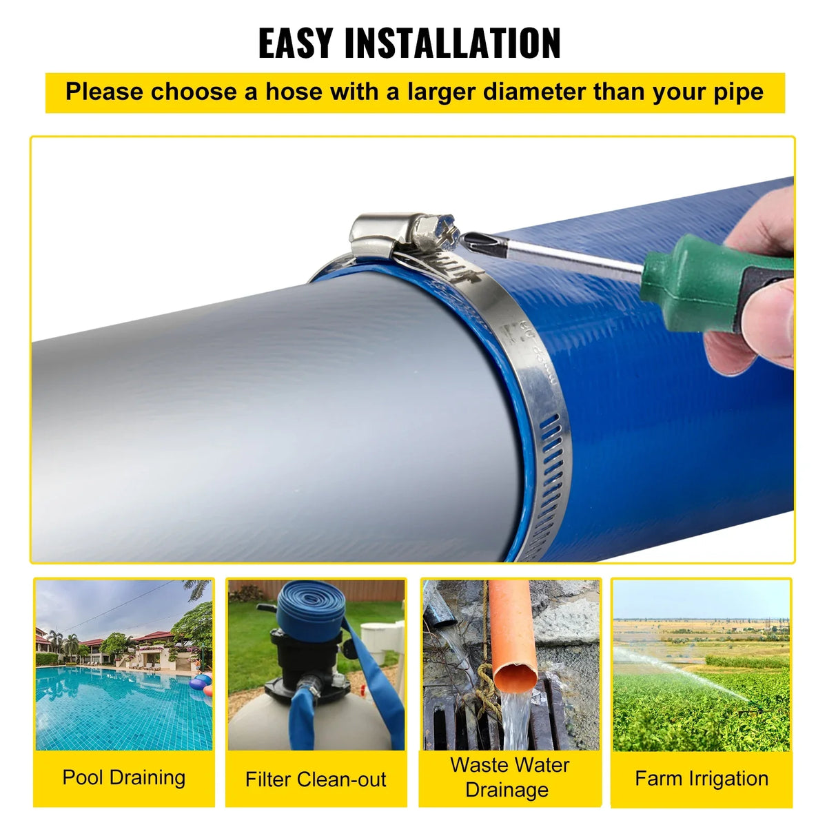 VEVOR Discharge Hose, 3" x 105', PVC Fabric Lay FLatitude Hose, Heavy Duty Backwash Drain Hose with Clamps, Weather-proof & Burst-proof, Ideal for Swimming Pool & Water Transfer, Blue