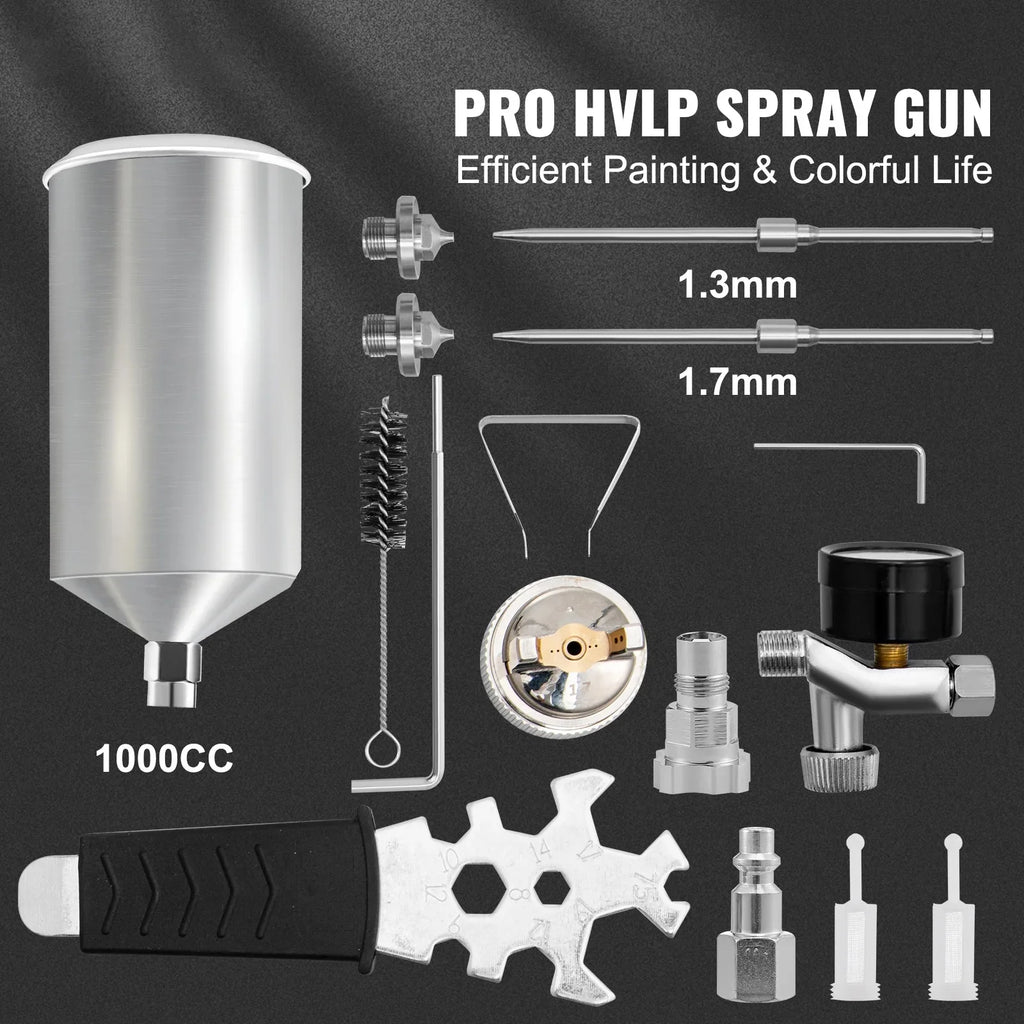 SKYSHALO HVLP Spray Gun, High Performance Automotive Gravity Feed Spray Gun with 1.3/1.7mm Stainless Fluid Tip Sets, 1000cc Aluminum Cup for Auto Paint, Primer, Clear/Top Coat & Touch-Up