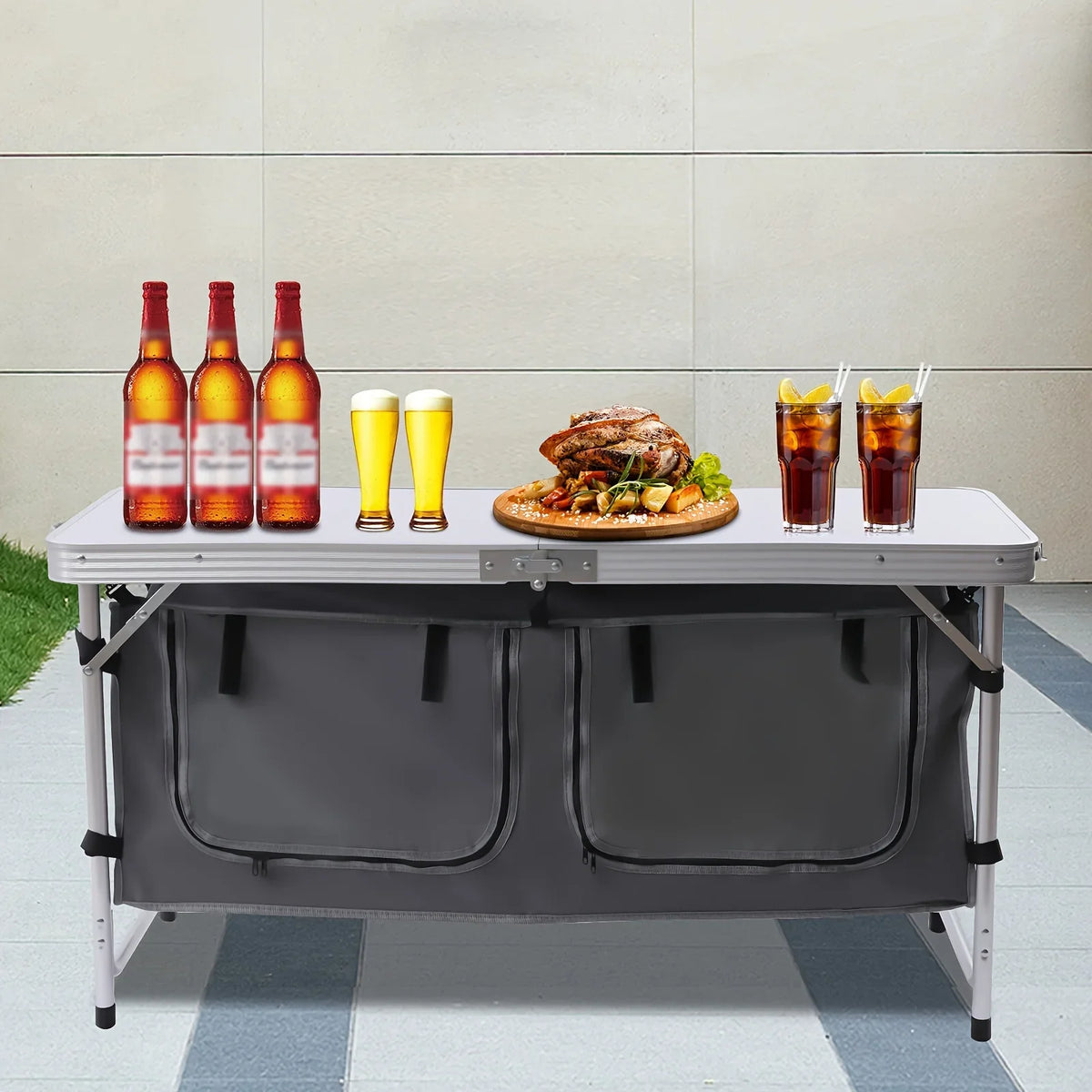 Folding Camping Table with Storage Compartment Lightweight Camp Kitchen Table Height Adjustable Indoor Outdoor Table Perfect for Tailgating Backyards BBQ Picnic