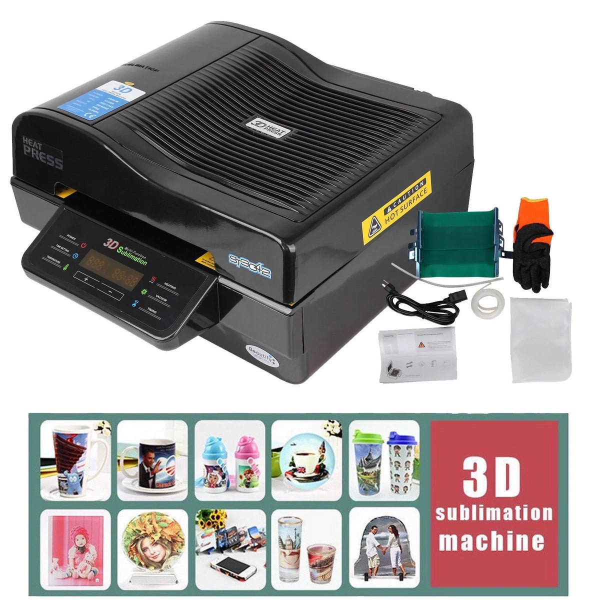 INTBUYING 3D Vacuum Sublimation Heat Press Machine Mug Paper Inks Tape Rubber Clamps Transfer KIT