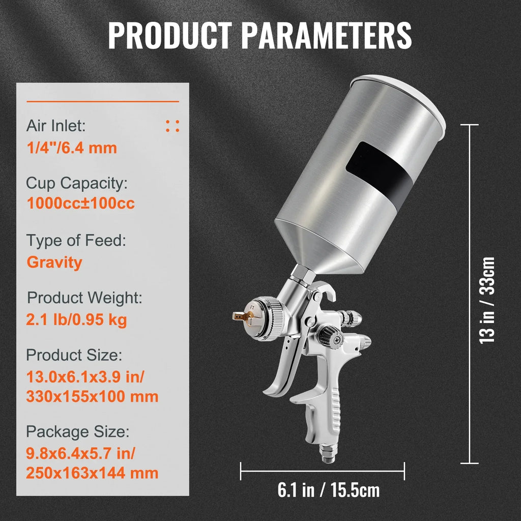 SKYSHALO HVLP Spray Gun, High Performance Automotive Gravity Feed Spray Gun with 1.3/1.7mm Stainless Fluid Tip Sets, 1000cc Aluminum Cup for Auto Paint, Primer, Clear/Top Coat & Touch-Up