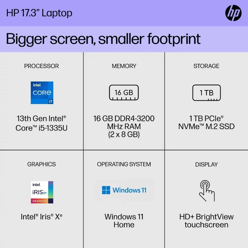HP 17.3" HD Touchdisplay Laptop, Intel Core i7-1355U, 32GB RAM, 1TB SSD, Backlit Keyboard, Win11 Home