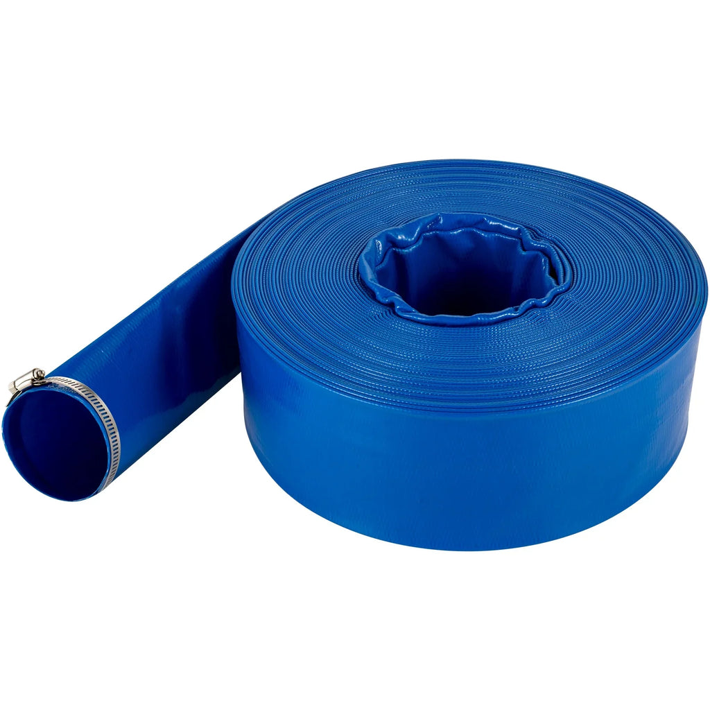 VEVOR Discharge Hose, 3" x 105', PVC Fabric Lay FLatitude Hose, Heavy Duty Backwash Drain Hose with Clamps, Weather-proof & Burst-proof, Ideal for Swimming Pool & Water Transfer, Blue