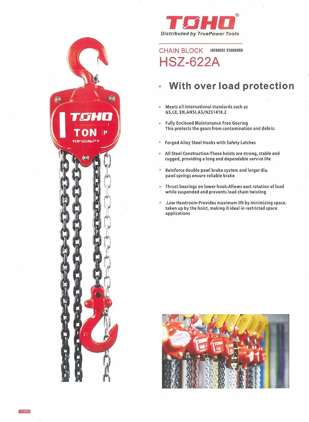 TOHO HSZ-622A OP Chain Block Hoist with Overload Protection (0.5 Ton, 10 Ft. Chain)