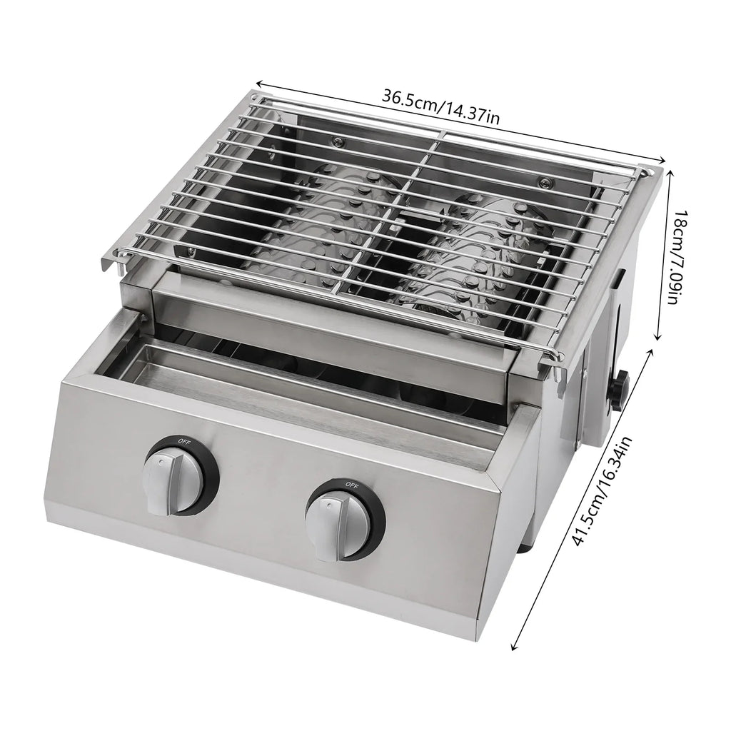 Countertop Barbeque Grill, LPG Gas 2-Burner Stainless Steel Grill for Outdoor Sliver