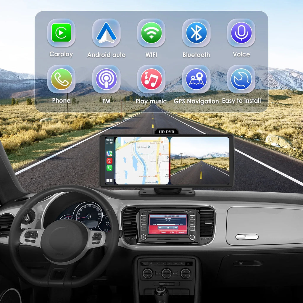 Wireless Apple Carplay Android Auto Bluetooth Portable 9.26" Touchdisplay Car Stereo With 128G SD Card, 4K Dash Cam And Backup Camera, Car Radio Head Unit GPS Navigation
