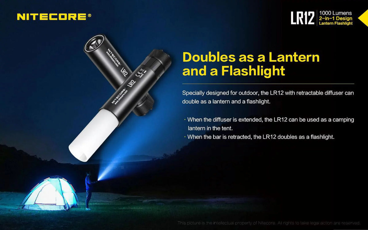 NITECORE LR12 MINI HANDHELD 2-IN-1 LANTERN  and  FLASHLIGHT - 1000 Lumen w/Free Eco-Sensa Battery Case
