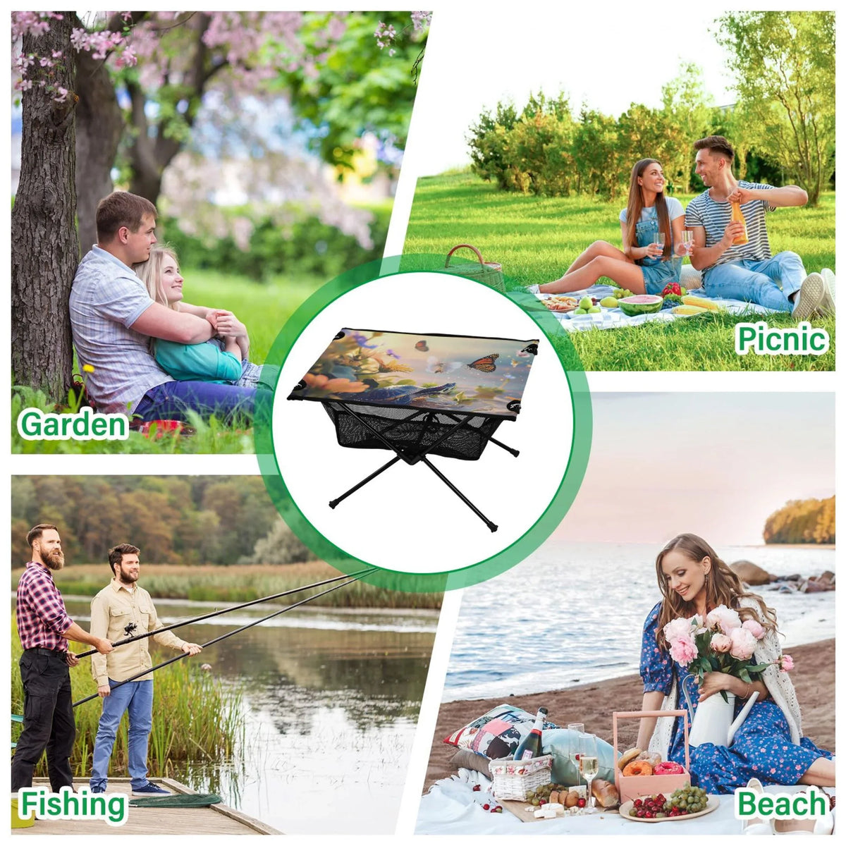 Funny Turtle and Butterfly Camping Folding Table Portable Beach Table with Storage Bag Compact Picnic Table for Outdoor Travel Fishing BBQ