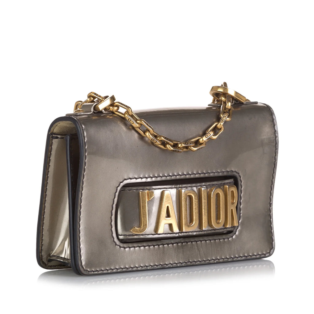 Pre-Owned Authenticated Dior JaDior Mini Chain Flap Calf Leather Gray Shoulder Bag Unisex (Good)