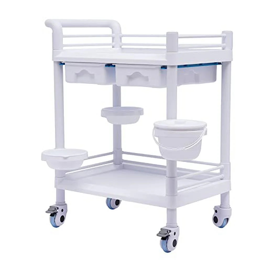 Medical Trolley Cart with 360°Rotate Wheels 2 Tier 275 Lbs Spacious Spa Beauty Salon Rolling Trolley with Dirt Buckets Drawers Heavy Duty Medical Utility Cart for Hospital Dental Clinic Beauty Salon