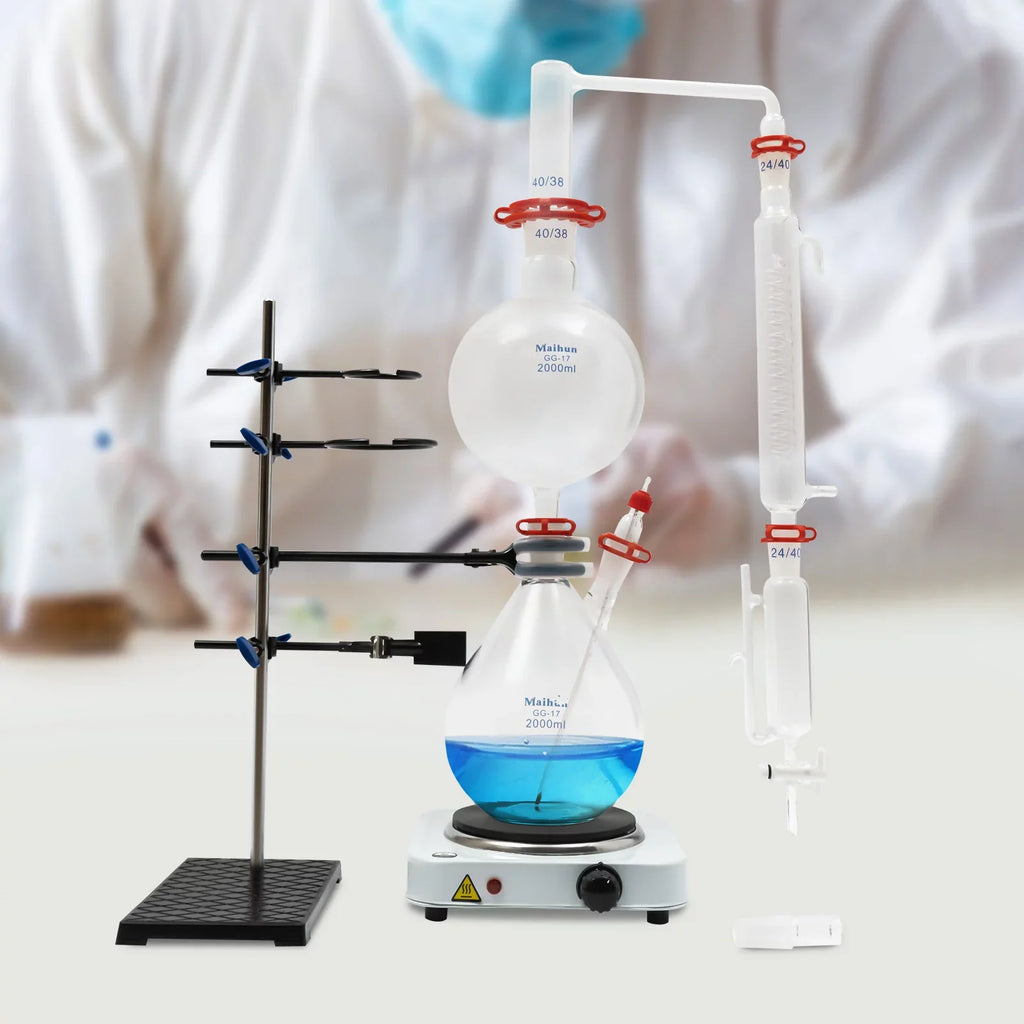 Miumaeov 2000ML Essential Oil DistilLatitudeion Apparatus with Condenser + Hot Stove + Essential Oil Separator Lab Glass DistilLatitudeion Kit Steam Water Distiller Purifier