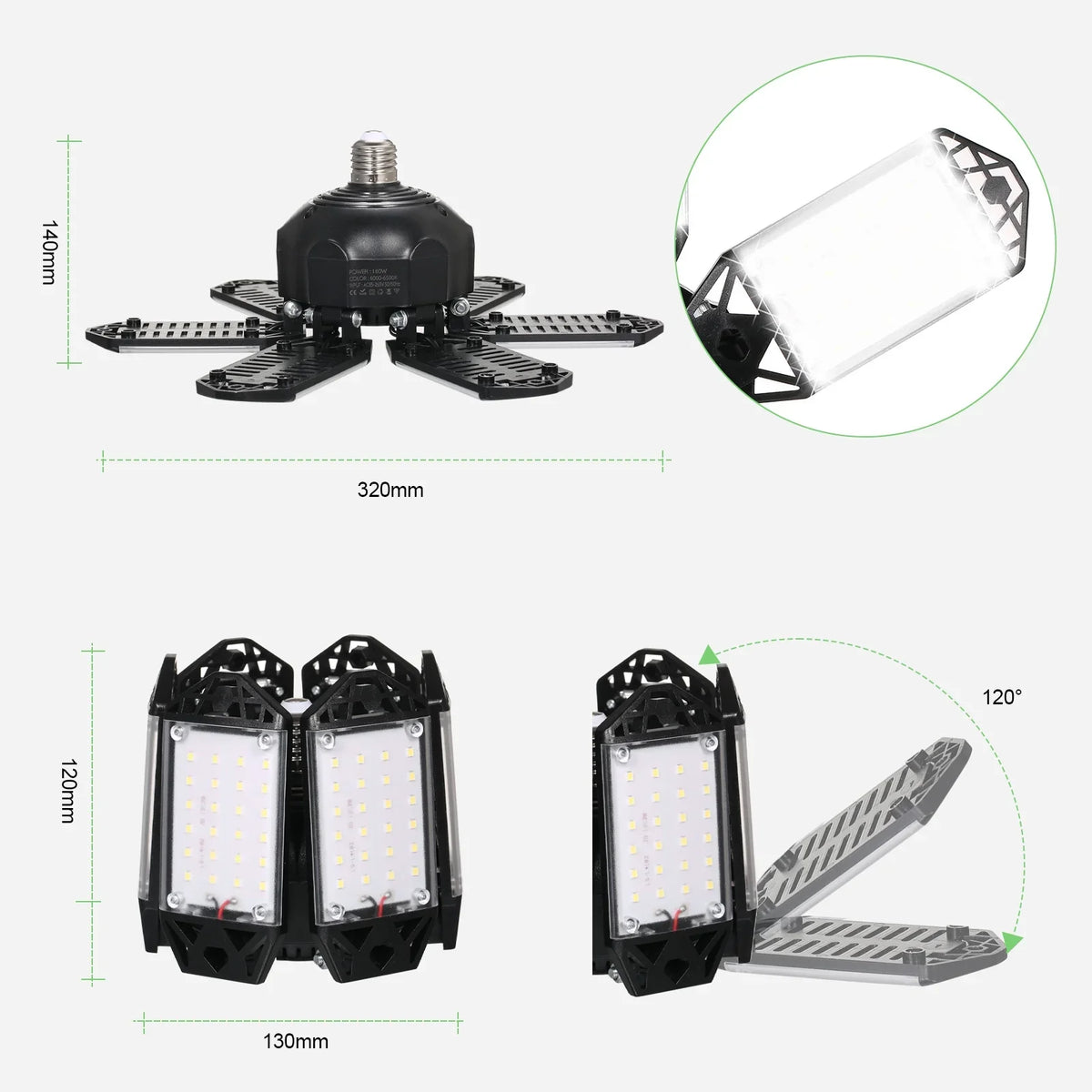 Neoglint 2PCS A C85-265V 160W 152LEDs Garage Light with 6 Adjustable Panels Deformable Folding Foldable Ceiling Lamp E26/E27 Base Socket Holder for Garage Warehouse Workshop Basement Gym Kit