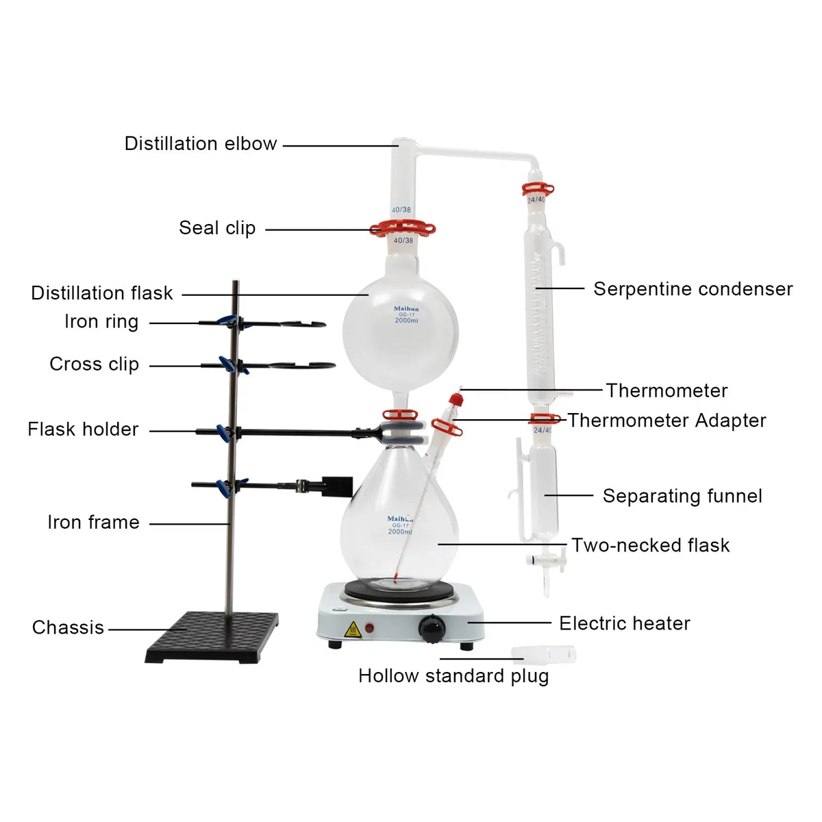 Miumaeov 2000ML Essential Oil DistilLatitudeion Apparatus with Condenser + Hot Stove + Essential Oil Separator Lab Glass DistilLatitudeion Kit Steam Water Distiller Purifier