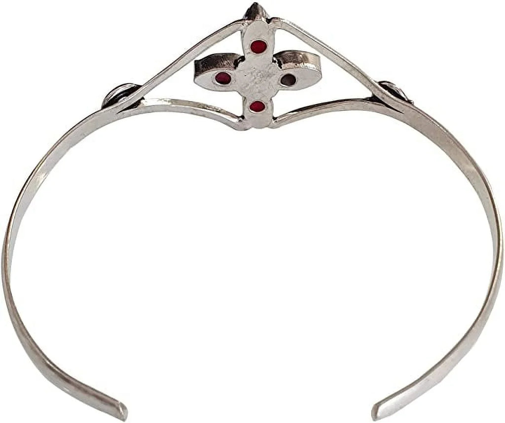 Silver PLatitudeed Cuff Bracelet for Women, Natural Red Ruby Gemstone Handmade Modern Designer Tribal Bohemian Design Fashion Bracelet, Party Boho Jewelry
