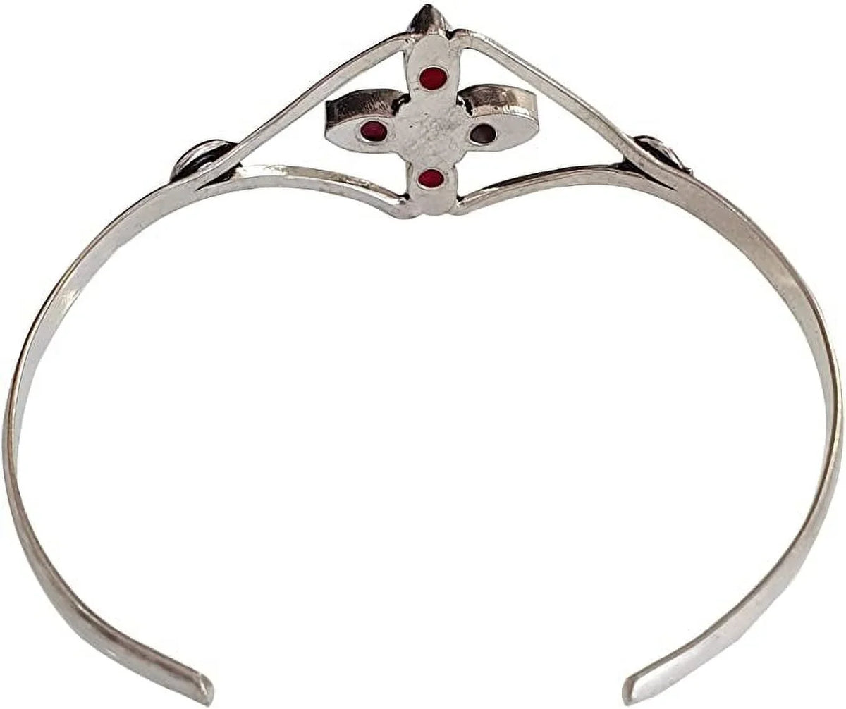 Silver PLatitudeed Cuff Bracelet for Women, Natural Red Ruby Gemstone Handmade Modern Designer Tribal Bohemian Design Fashion Bracelet, Party Boho Jewelry