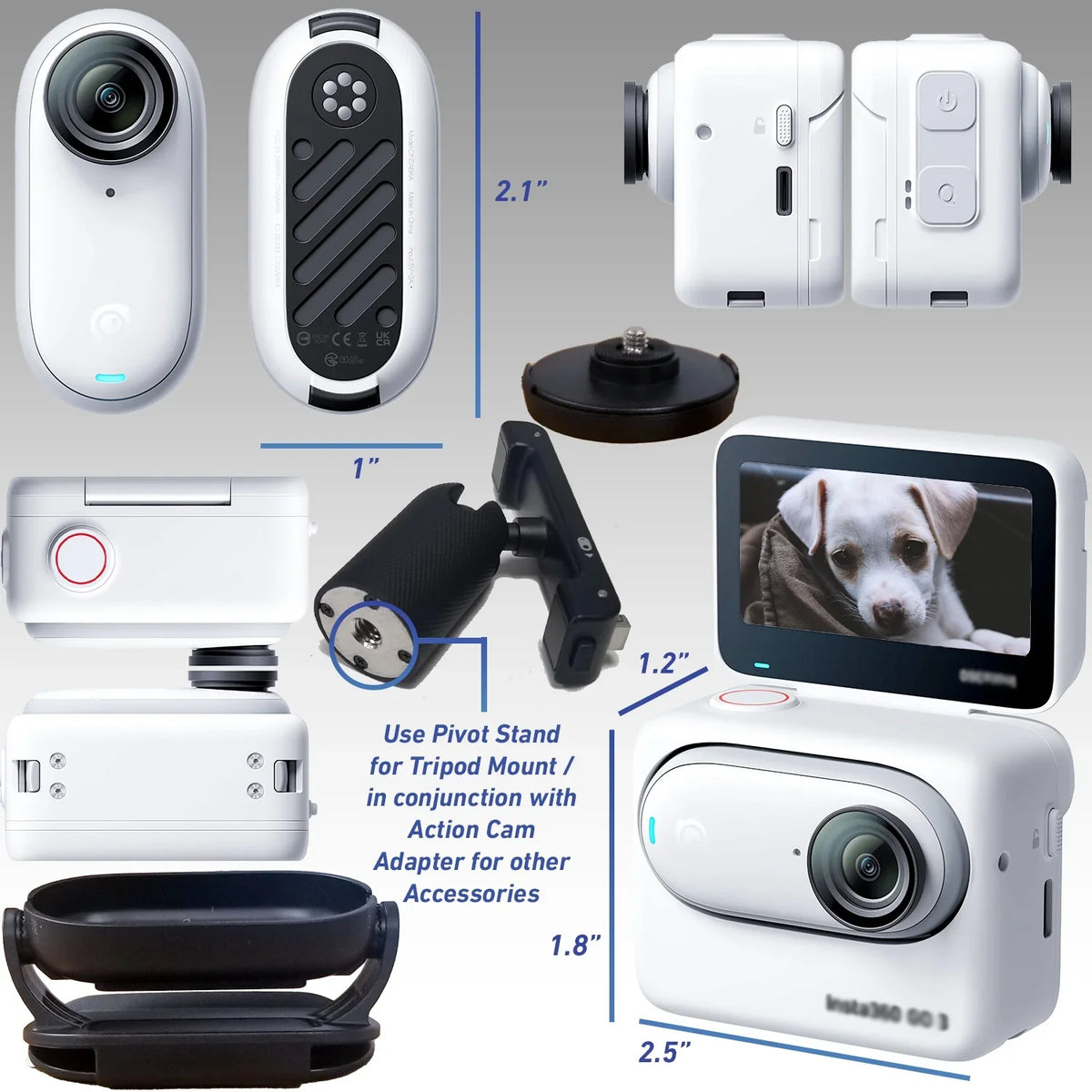 Ultimaxx Advanced Insta360 GO 3 Action Camera Bundle (128GB) - Includes: 1/4” Screw Adapter for Action Cam Mounts, Mini Metal Dolly & More (25pc Bundle)