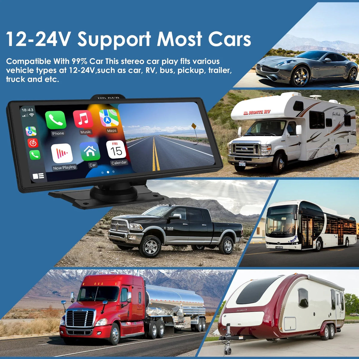 Wireless Apple Carplay Android Auto Bluetooth Portable 9.26" Touchdisplay Car Stereo With 128G SD Card, 4K Dash Cam And Backup Camera, Car Radio Head Unit GPS Navigation