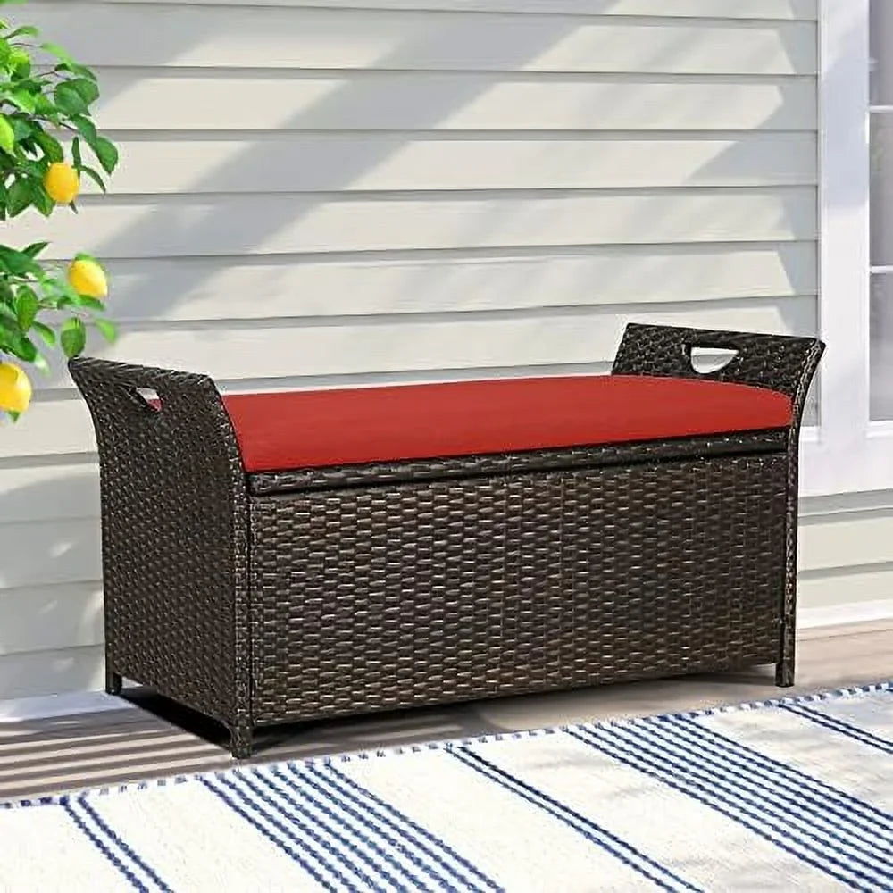 YPZBBOOM Outdoor Deck  Box  Patio Wicker  Bench  Rattan  Bins with Cushion (Red)