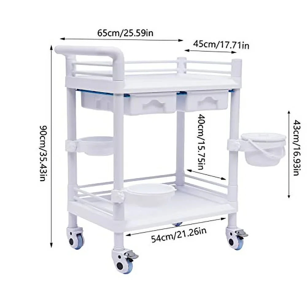 Medical Trolley Cart with 360°Rotate Wheels 2 Tier 275 Lbs Spacious Spa Beauty Salon Rolling Trolley with Dirt Buckets Drawers Heavy Duty Medical Utility Cart for Hospital Dental Clinic Beauty Salon