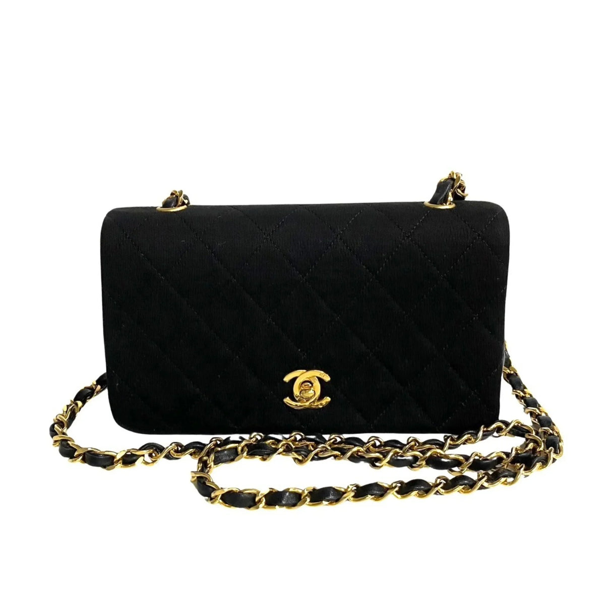Pre-Owned CHANEL Matelasse Cotton Lambskin Turnlock Full Flap Chain Shoulder Bag Black 73960 (Good)