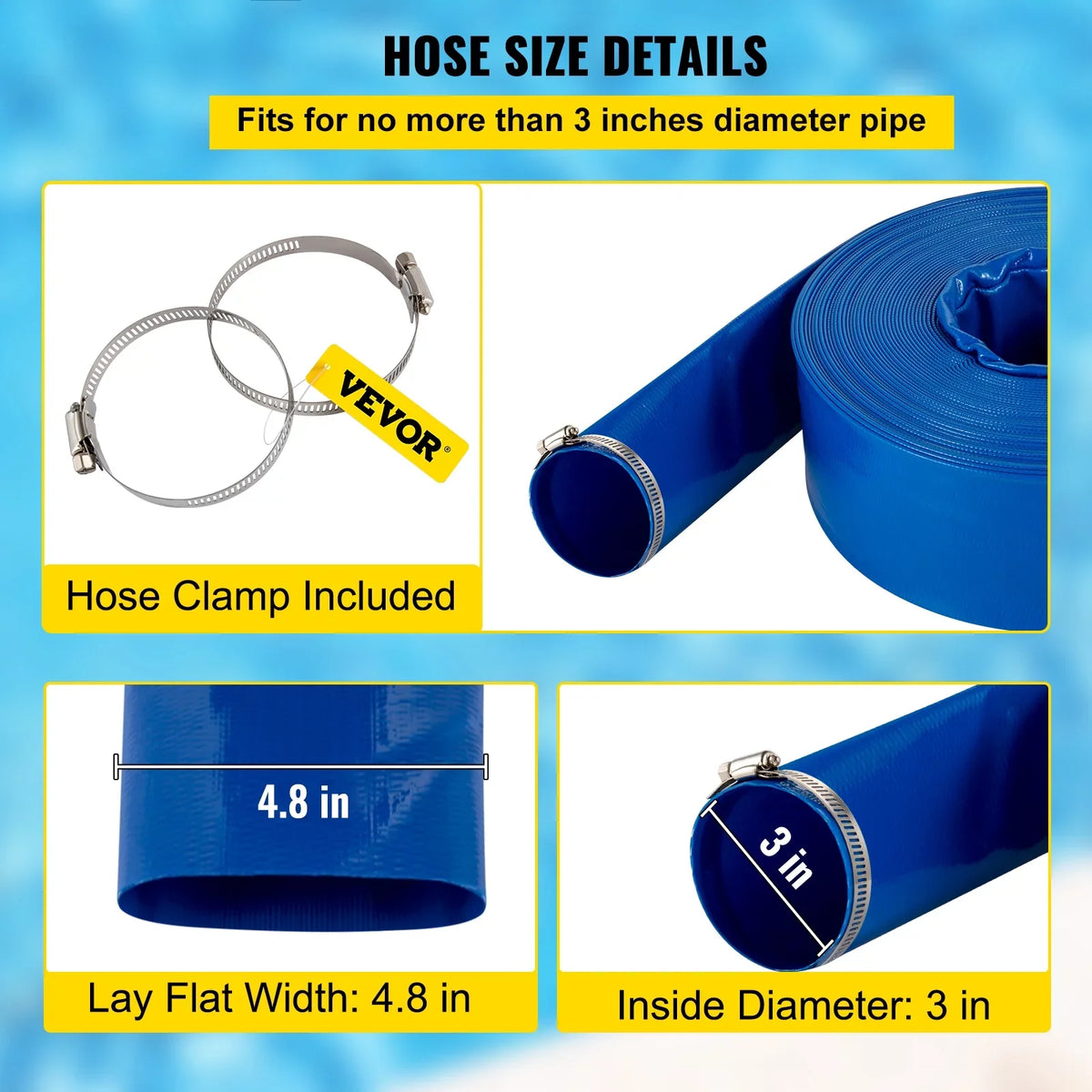 VEVOR Discharge Hose, 3" x 105', PVC Fabric Lay FLatitude Hose, Heavy Duty Backwash Drain Hose with Clamps, Weather-proof & Burst-proof, Ideal for Swimming Pool & Water Transfer, Blue
