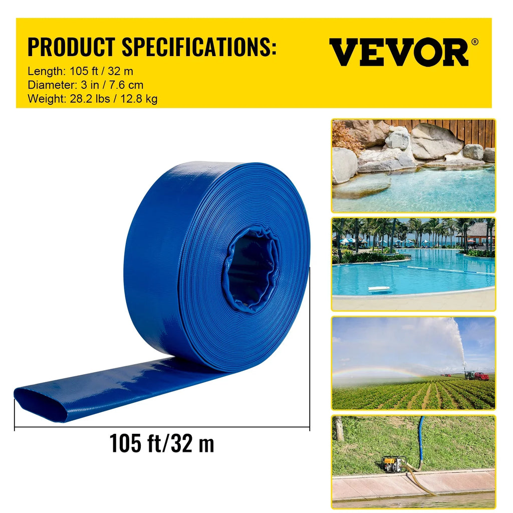 VEVOR Discharge Hose, 3" x 105', PVC Fabric Lay FLatitude Hose, Heavy Duty Backwash Drain Hose with Clamps, Weather-proof & Burst-proof, Ideal for Swimming Pool & Water Transfer, Blue