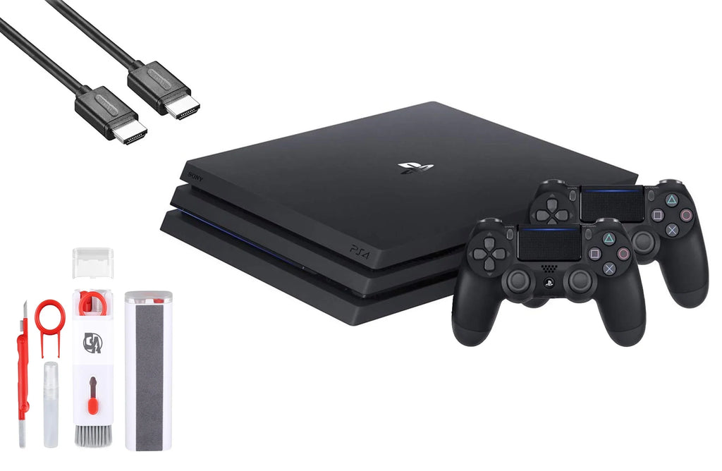 Sony PlayStation 4 Pro 1TB Gaming Console Black HDMI Cable 2 Controller With BOLT AXTION Cleaning Kit Bundle Like New