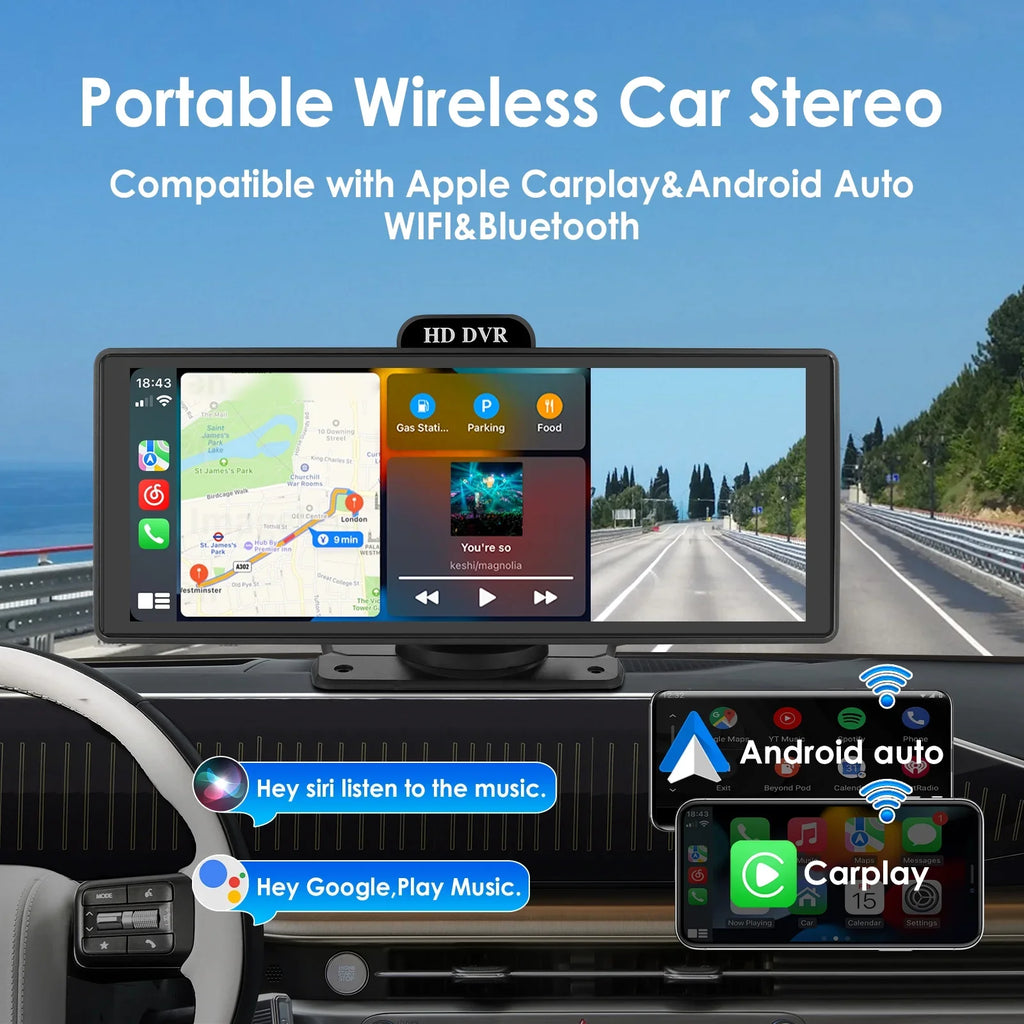 Wireless Apple Carplay Android Auto Bluetooth Portable 9.26" Touchdisplay Car Stereo With 128G SD Card, 4K Dash Cam And Backup Camera, Car Radio Head Unit GPS Navigation
