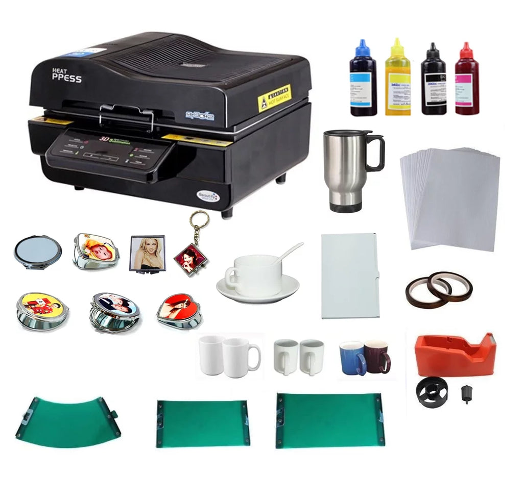 INTBUYING 3D Vacuum Sublimation Heat Press Machine Mug Paper Inks Tape Rubber Clamps Transfer KIT