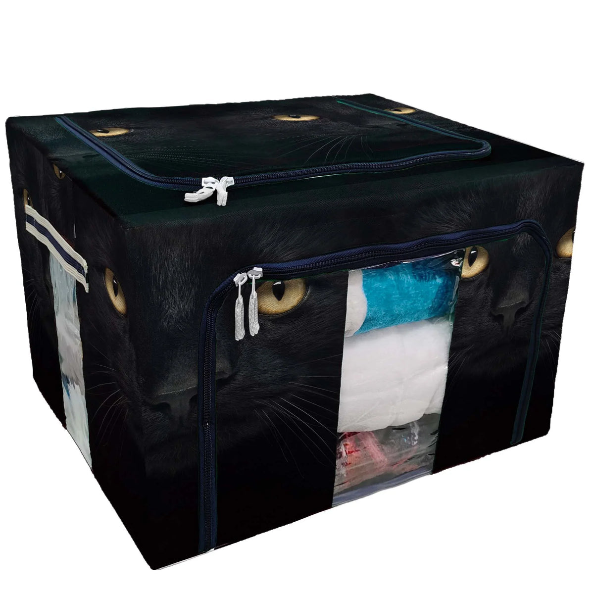 ECZJNT Black Cat looking at the camera Storage Bag Clear Window Storage Bins Boxes Large Capacity Foldable Stackable Organizer With Steel Metal Frame For Bedding,Clothes,Closets, Bedrooms