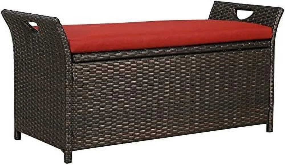 YPZBBOOM Outdoor Deck  Box  Patio Wicker  Bench  Rattan  Bins with Cushion (Red)