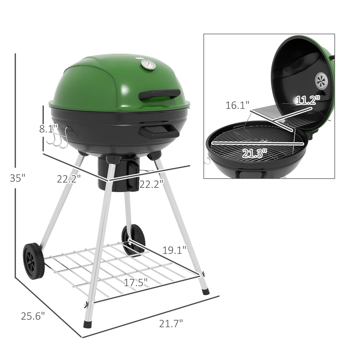 CoSoTower 21" Kettle Charcoal BBQ Grill Trolley with 360 Sq.In. Cooking Area, Outdoor Barbecue with Shelf, Wheels, Ash Catcher and Built-In Thermometer for Patio, Backyard Party, Green