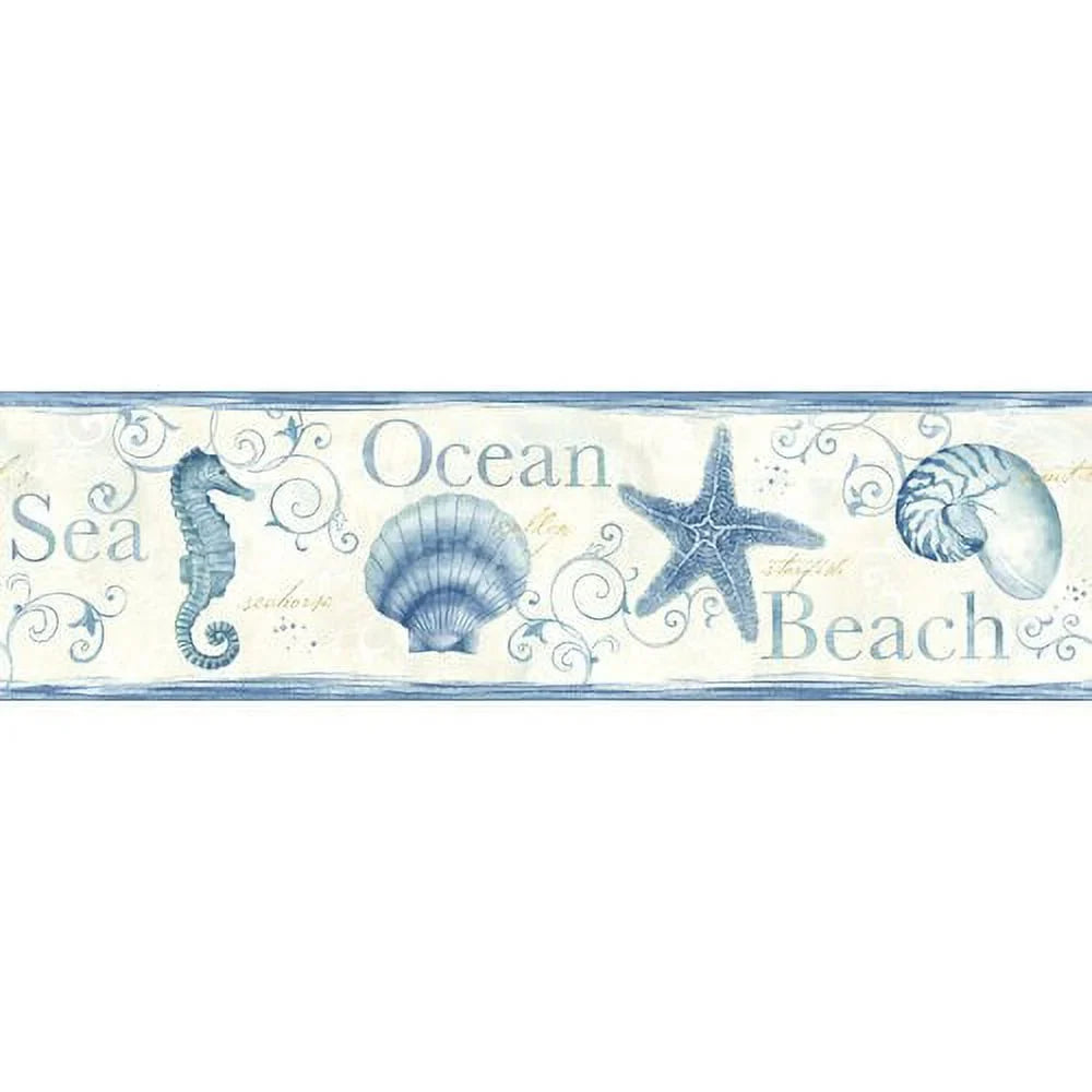 Chesapeake Island Teal Teal Seashells Border Prepasted Non Woven Blend Wallpaper, 6-in by 15-ft, 7.5 sq. ft.