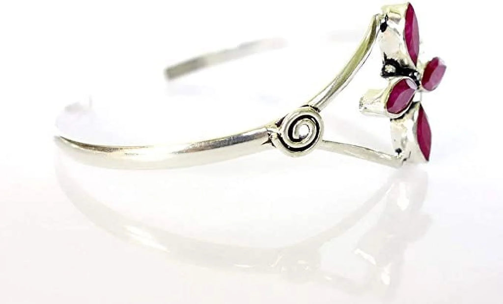 Silver PLatitudeed Cuff Bracelet for Women, Natural Red Ruby Gemstone Handmade Modern Designer Tribal Bohemian Design Fashion Bracelet, Party Boho Jewelry