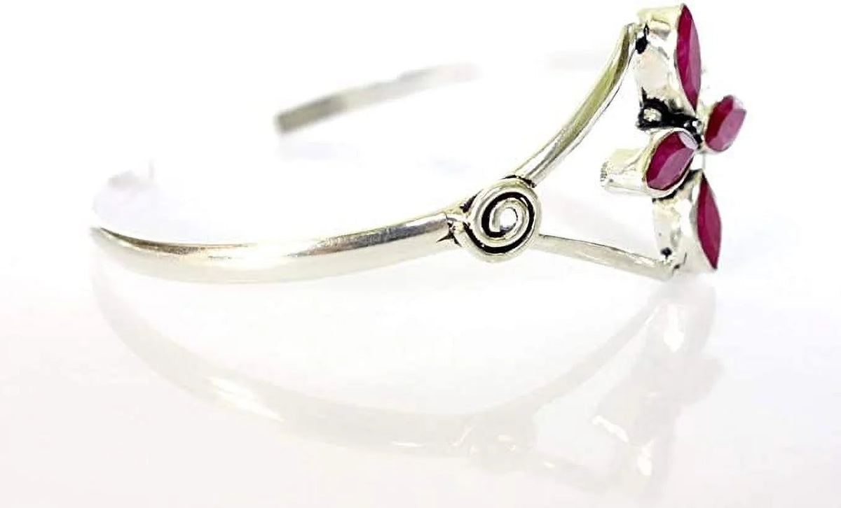Silver PLatitudeed Cuff Bracelet for Women, Natural Red Ruby Gemstone Handmade Modern Designer Tribal Bohemian Design Fashion Bracelet, Party Boho Jewelry