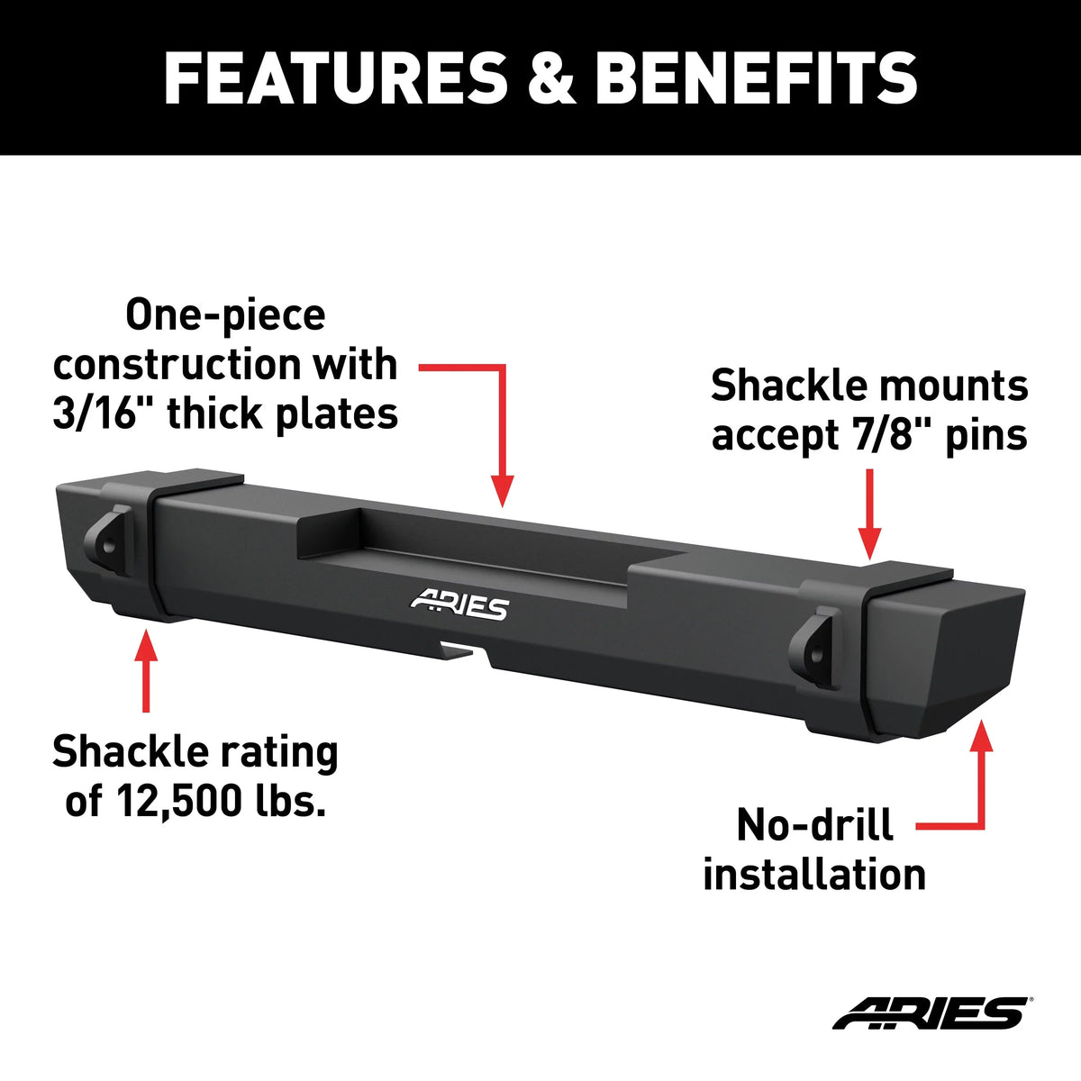 ARIES 2157000 TrailCrusher Black Steel Jeep Wrangler JK Rear Bumper, 12,500 lbs Shackle Rating Fits select: 2008,2015-2018 JEEP WRANGLER UNLIMITED