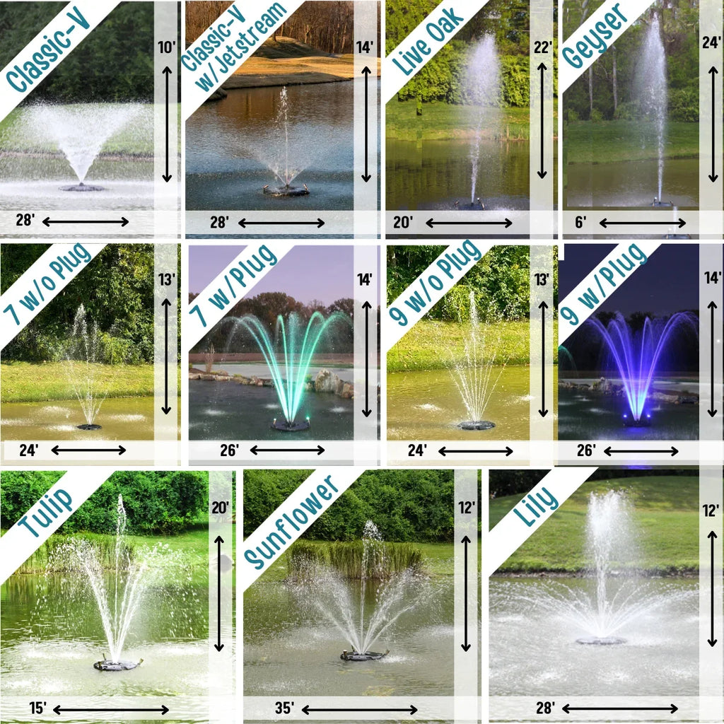 HALF OFF PONDS 1.5 HP Floating Fountain | 100 foot Cord | 11 Patterns | White Lights | Surface Aeration for Ponds | AQF125003X3W-100
