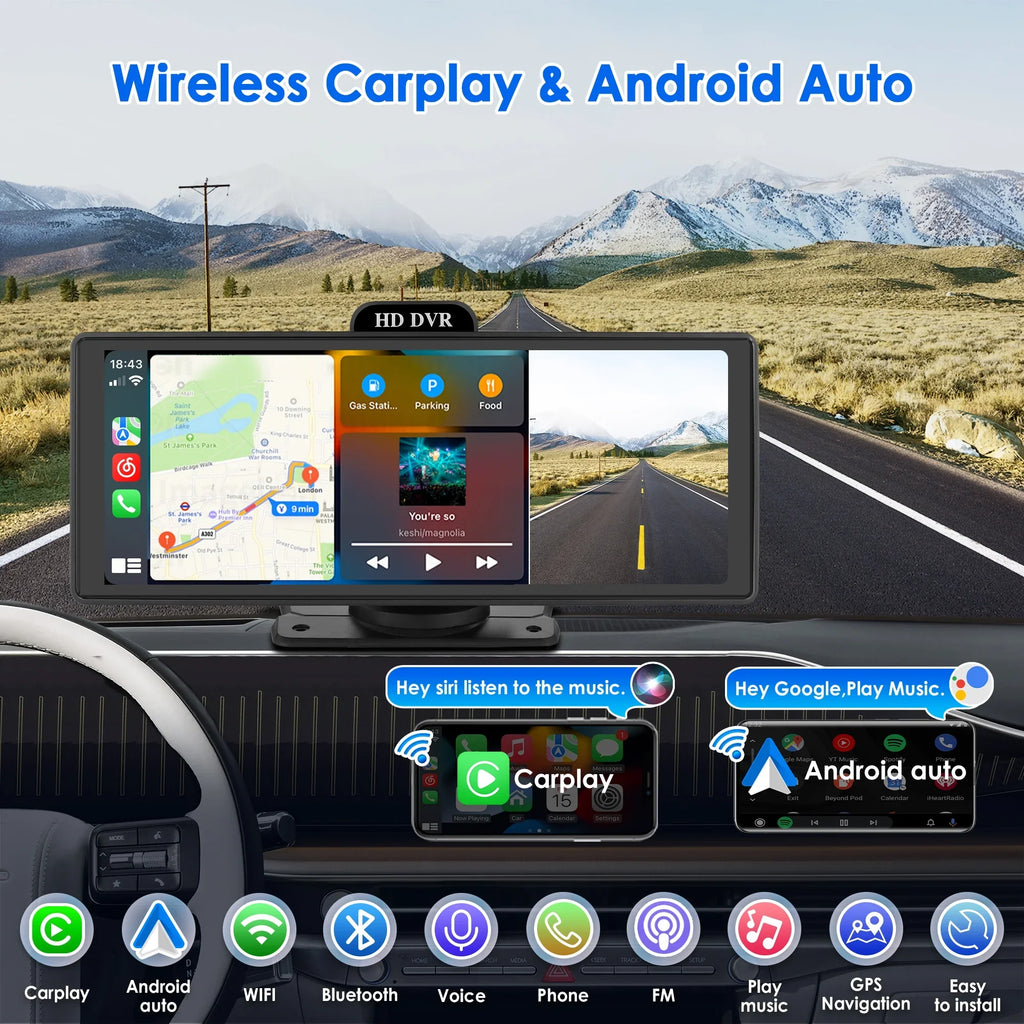 Wireless Apple Carplay Android Auto Bluetooth Portable 9.26" Touchdisplay Car Stereo With 128G SD Card, 4K Dash Cam And Backup Camera, Car Radio Head Unit GPS Navigation