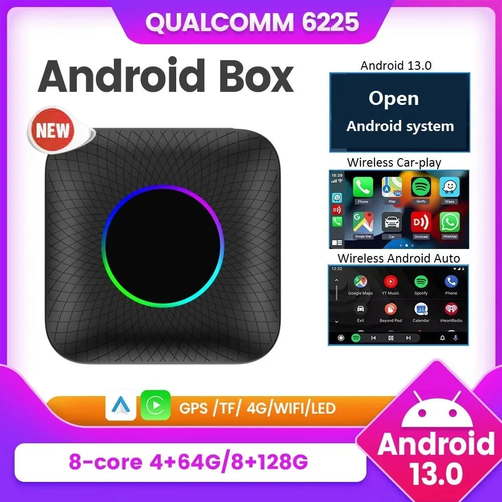 Carlinkit Ai Box Android 13 Led Wireless Android Auto & Apple CarPlay Smart Tv Box QCM6225 For Youtube Netflix Car Accessories