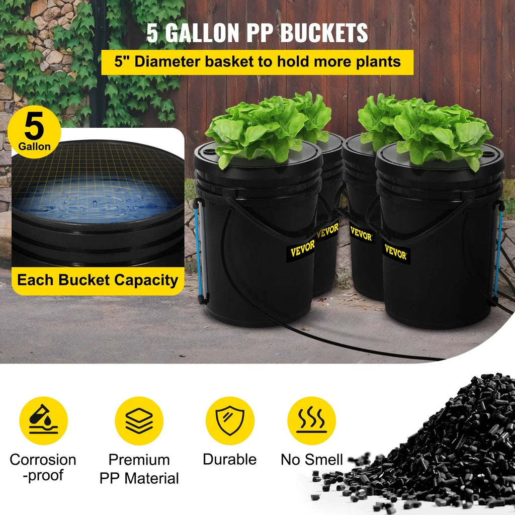 VEVOR DWC Hydroponic Grow Kit, 5-Gallon, 4-Bucket System with Pump, Air Stone & Water Level Indicator for Indoor/Outdoor Leafy Vegetables
