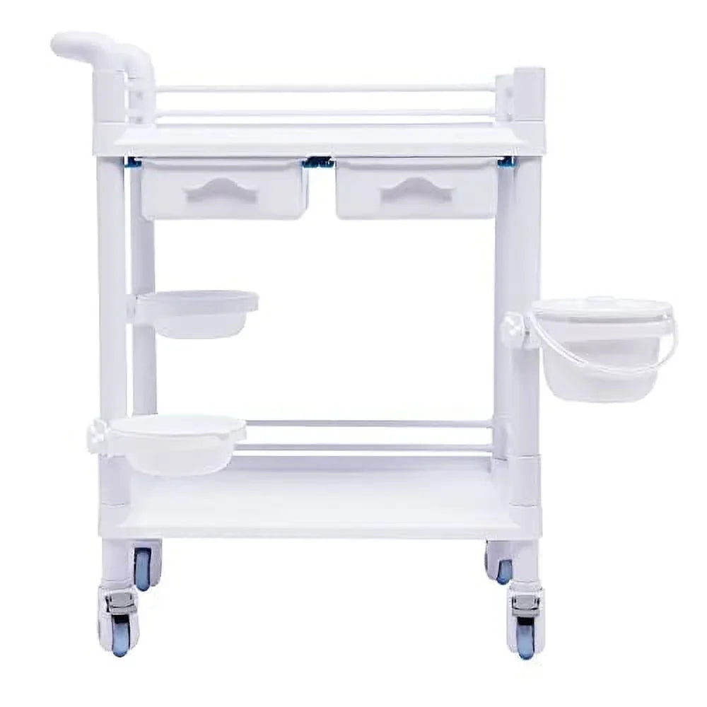 Medical Trolley Cart with 360°Rotate Wheels 2 Tier 275 Lbs Spacious Spa Beauty Salon Rolling Trolley with Dirt Buckets Drawers Heavy Duty Medical Utility Cart for Hospital Dental Clinic Beauty Salon