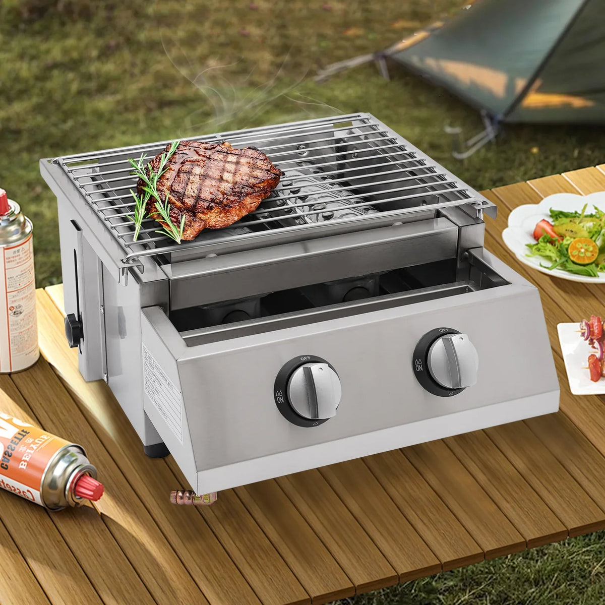 Countertop Barbeque Grill, LPG Gas 2-Burner Stainless Steel Grill for Outdoor Sliver