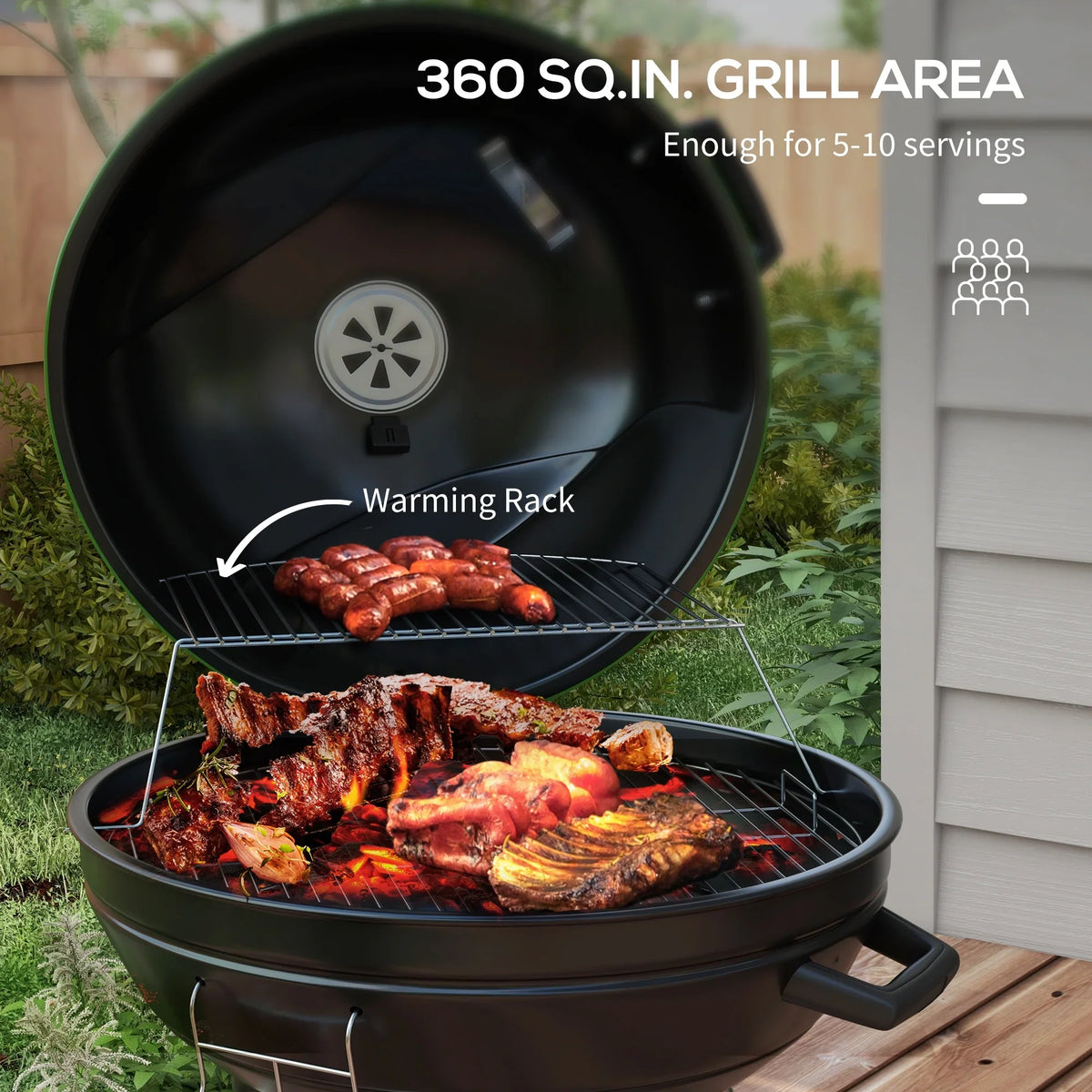 CoSoTower 21" Kettle Charcoal BBQ Grill Trolley with 360 Sq.In. Cooking Area, Outdoor Barbecue with Shelf, Wheels, Ash Catcher and Built-In Thermometer for Patio, Backyard Party, Green