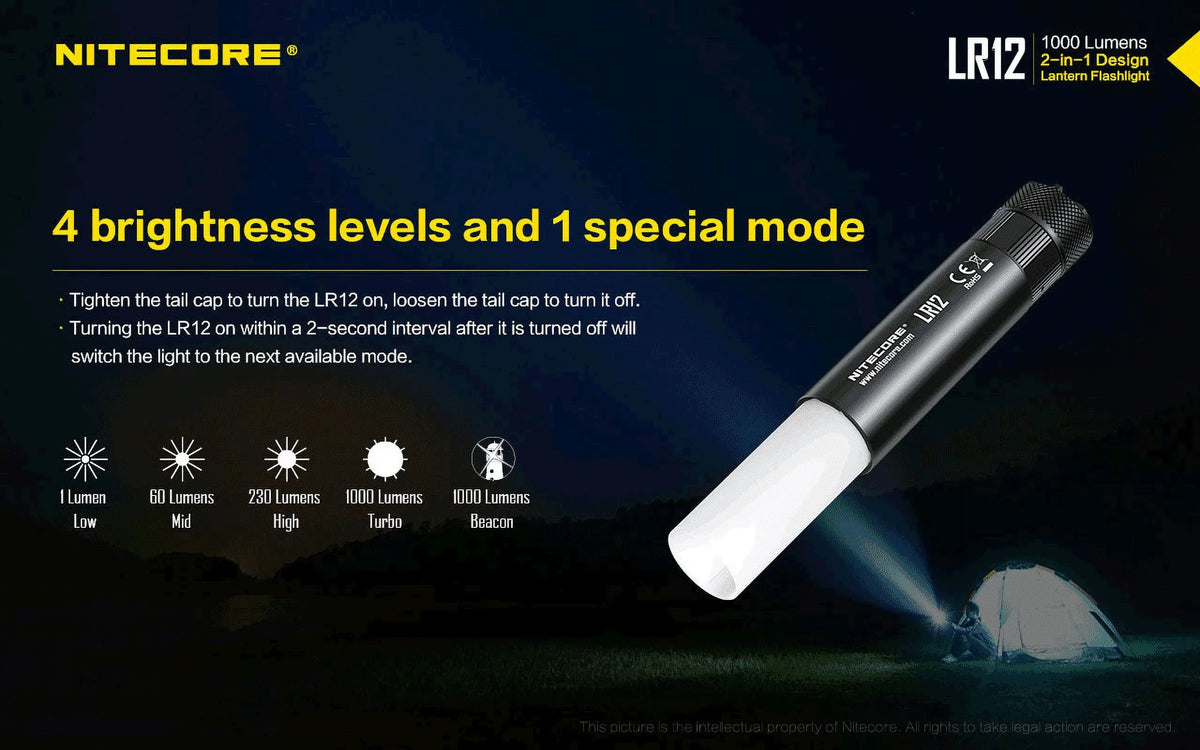 NITECORE LR12 MINI HANDHELD 2-IN-1 LANTERN  and  FLASHLIGHT - 1000 Lumen w/Free Eco-Sensa Battery Case