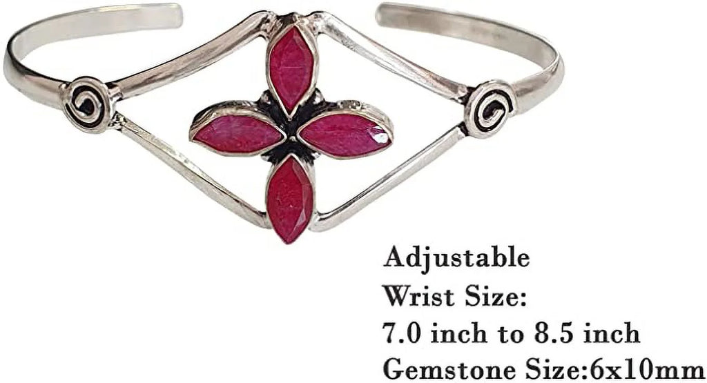 Silver PLatitudeed Cuff Bracelet for Women, Natural Red Ruby Gemstone Handmade Modern Designer Tribal Bohemian Design Fashion Bracelet, Party Boho Jewelry