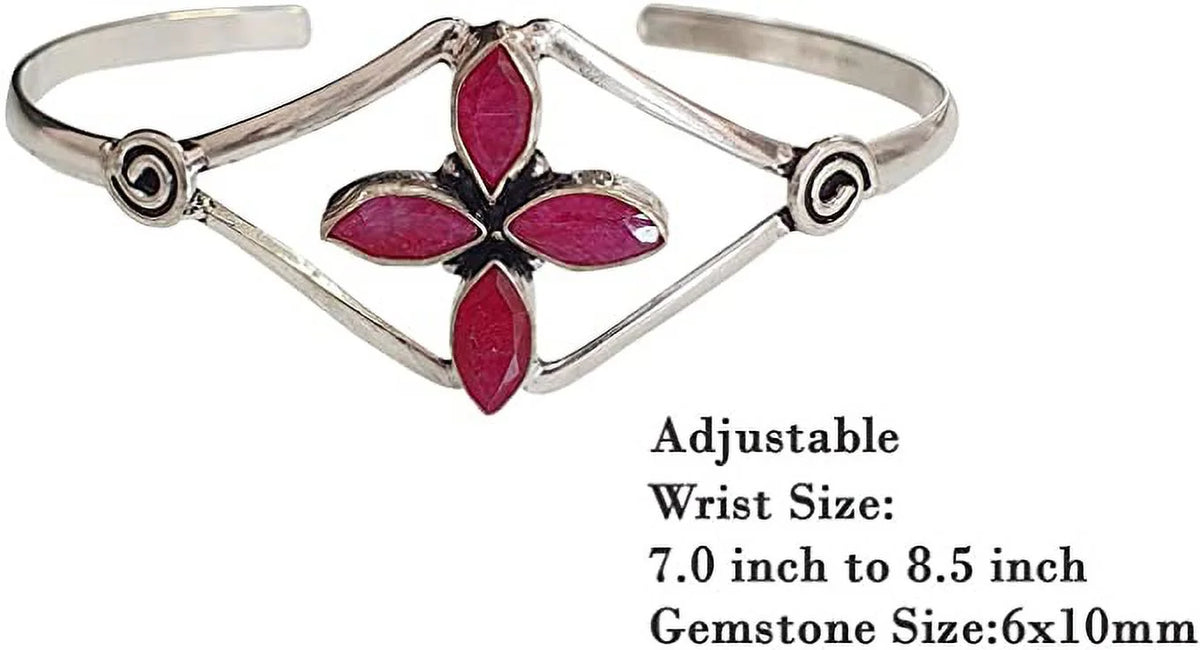 Silver PLatitudeed Cuff Bracelet for Women, Natural Red Ruby Gemstone Handmade Modern Designer Tribal Bohemian Design Fashion Bracelet, Party Boho Jewelry