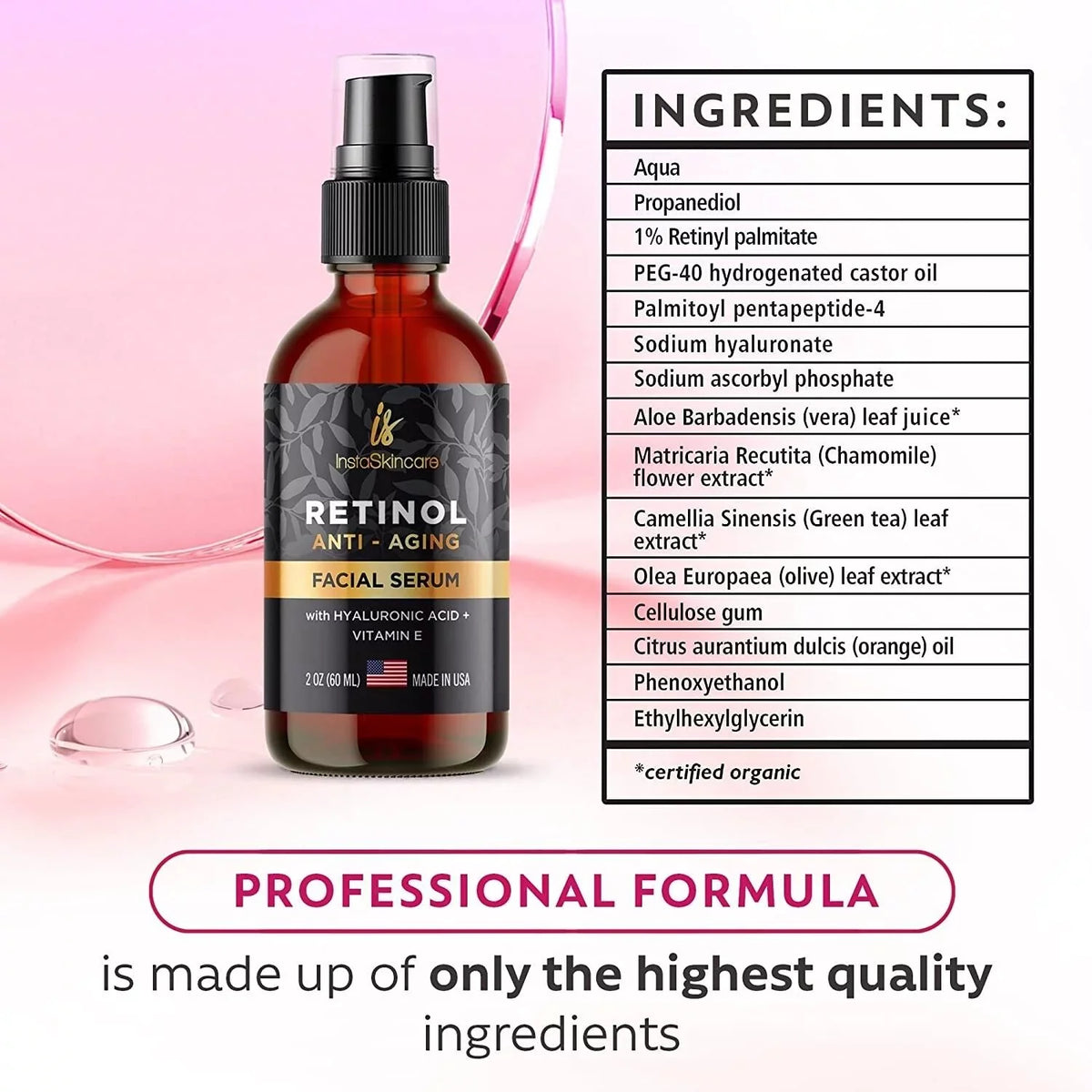 Retinol Serum For Face Anti Aging + Hyaluronic Acid Vitamin A E Aloe Vera 2 fl oz