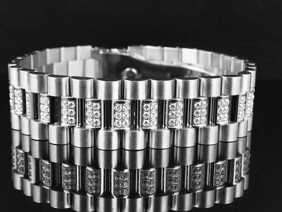 Mens White Gold Finish Stainless Steel Presidential Lab Diamond Bracelet (18MM)