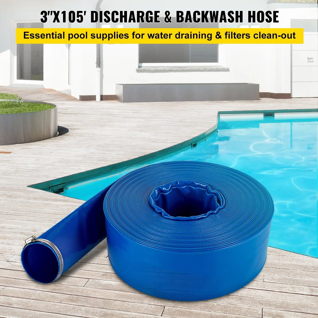 VEVOR Discharge Hose, 3" x 105', PVC Fabric Lay FLatitude Hose, Heavy Duty Backwash Drain Hose with Clamps, Weather-proof & Burst-proof, Ideal for Swimming Pool & Water Transfer, Blue